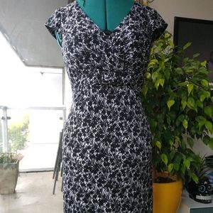 Knit print fitted belted midi dress office, evening, stretch